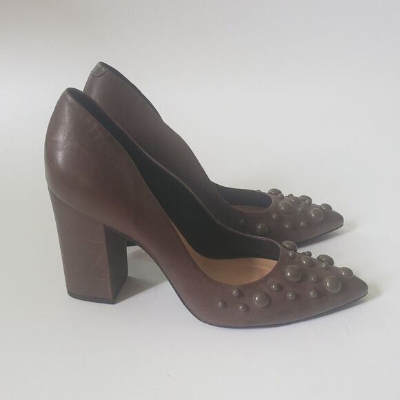 Vicenza Heels Brown Genuine Leather Block Heel Studded Point Toe Designer - Picture 7 of 12